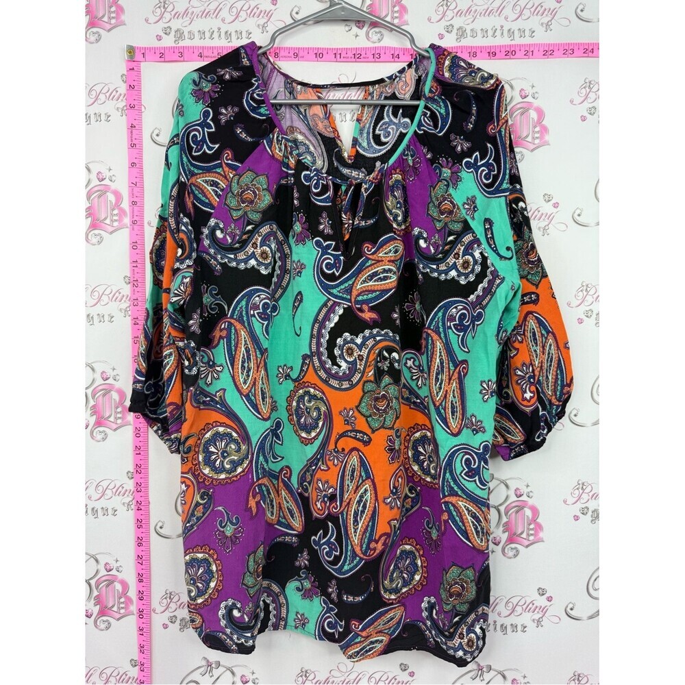 Paisley Tie-Neck Women's Blouse in Teal, Orange & Purple
